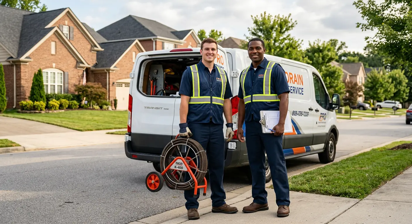 Sewer and drain service team with equipment ready for work in Urbana
