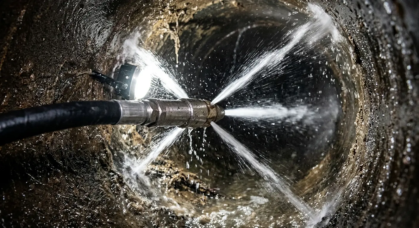 High-pressure hydro jetting nozzle cleaning sewer pipe for Emergency Drain Service in Urbana