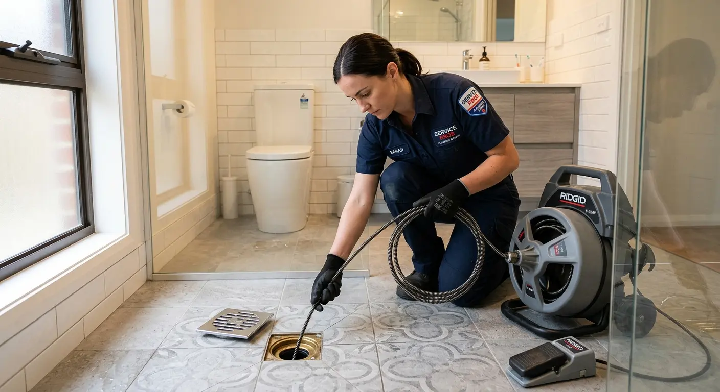 Technician clearing a bathroom floor drain for Sewer Line Replacement in Urbana